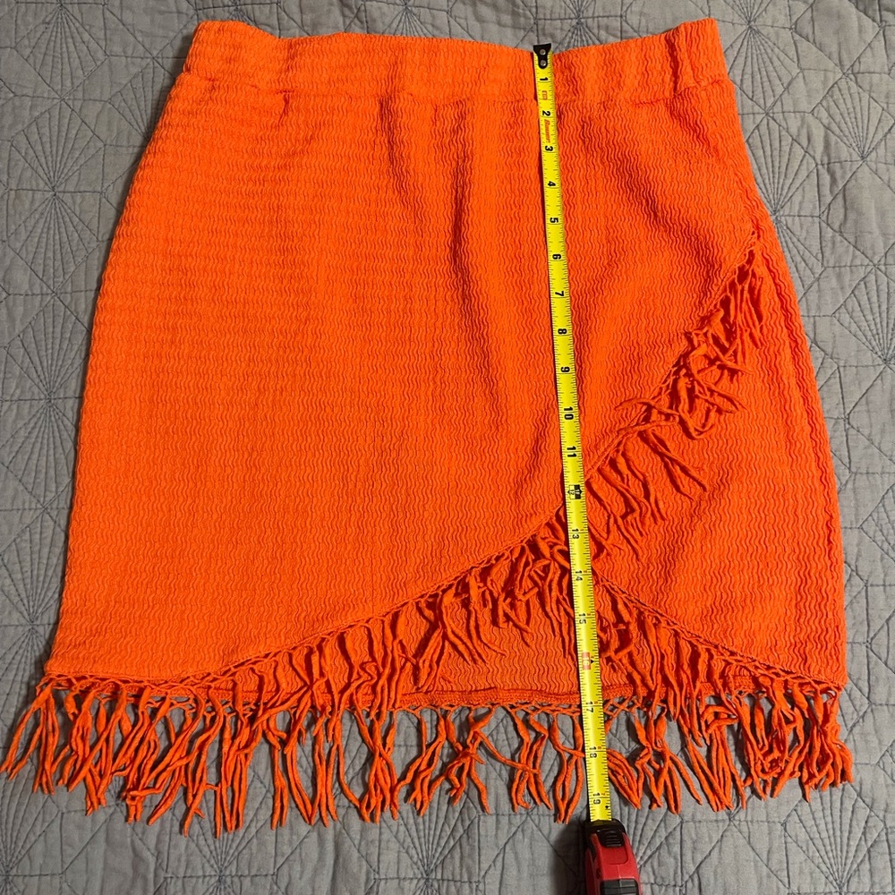 SHEIN Bright Orange Mini Skirt with Crossover Fringe Sz L - Picture 4 of 5
